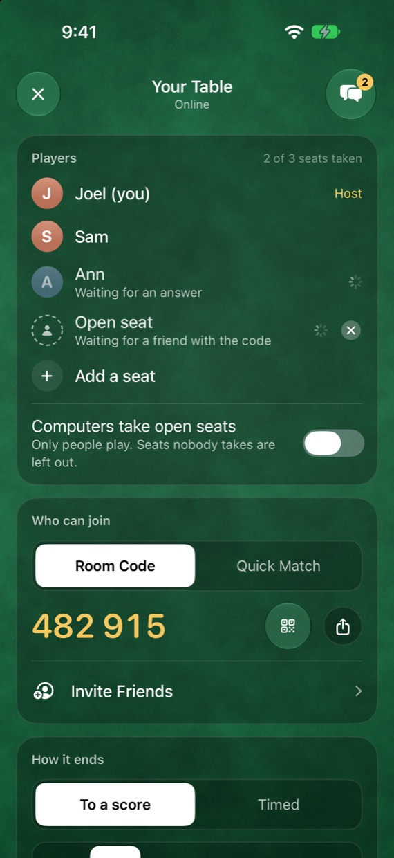 An online table with its six-digit room code, the players and seats, and how the game ends.