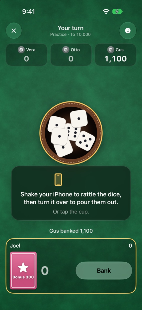 Your turn: a bonus card up, dice set aside in the tray, the rest on the felt, and the points so far beside Bank.