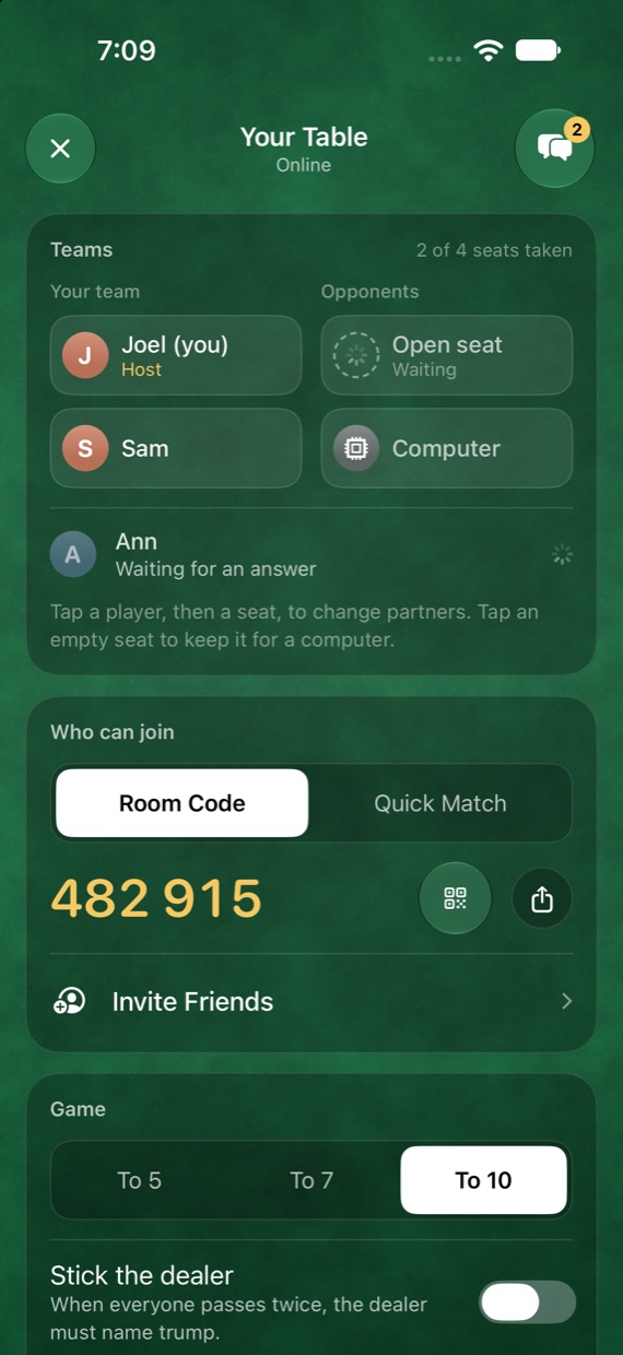 An online table with teams, a six-digit room code, and the choice of playing to five, seven or ten points.