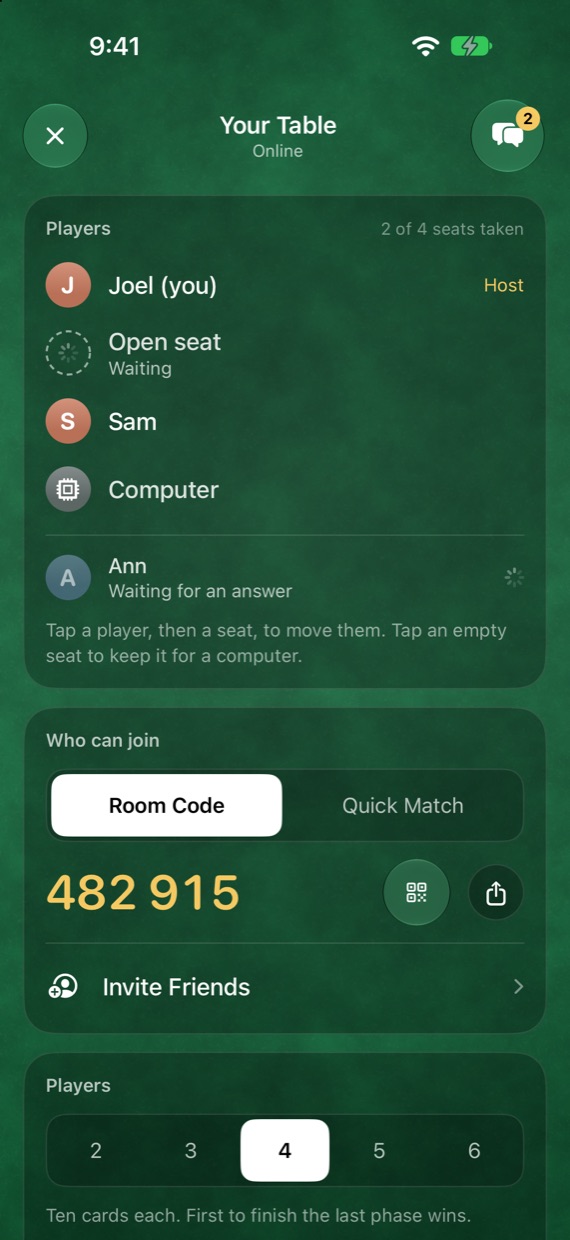 An online table with its six-digit room code, the players and seats, and the turn timer.