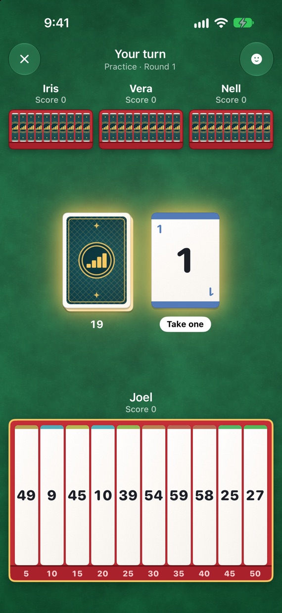 Your turn: the other players' racks along the top, the draw pile and the discards big in the middle, and your rack of ten cards standing upright along the bottom.