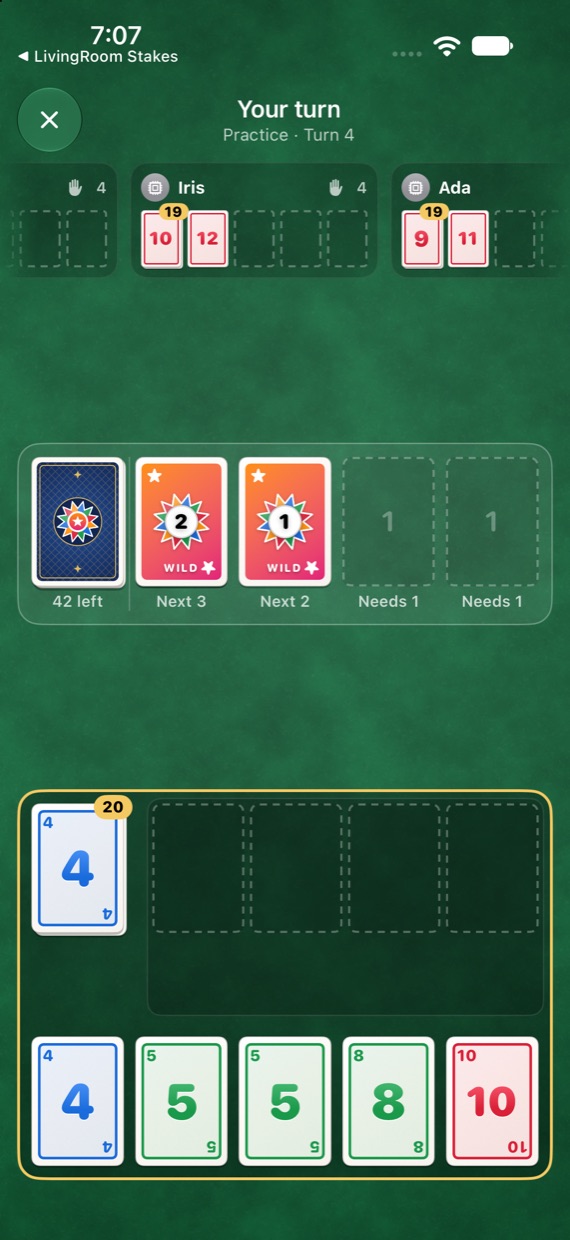 A game in play: five other players' panels along the top, the build piles in the middle, your stock, discards and hand at the bottom.