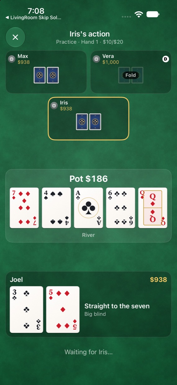 A poker hand at the river with a pot of $186, the board in the middle and a straight to the seven in your hand.
