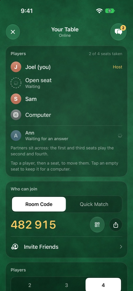 An online table with its six-digit room code, the players and seats, and the ways to play that are switched on.