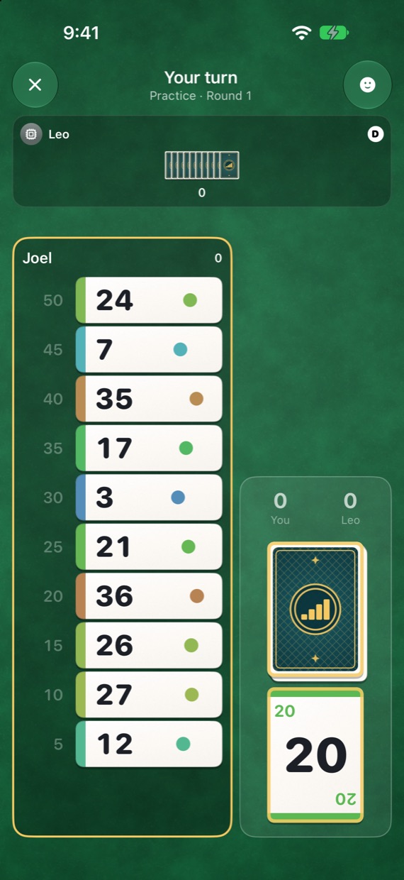 Your turn: your rack of ten down one side, the draw pile and the discards beside it, and the other players' racks face down along the top.