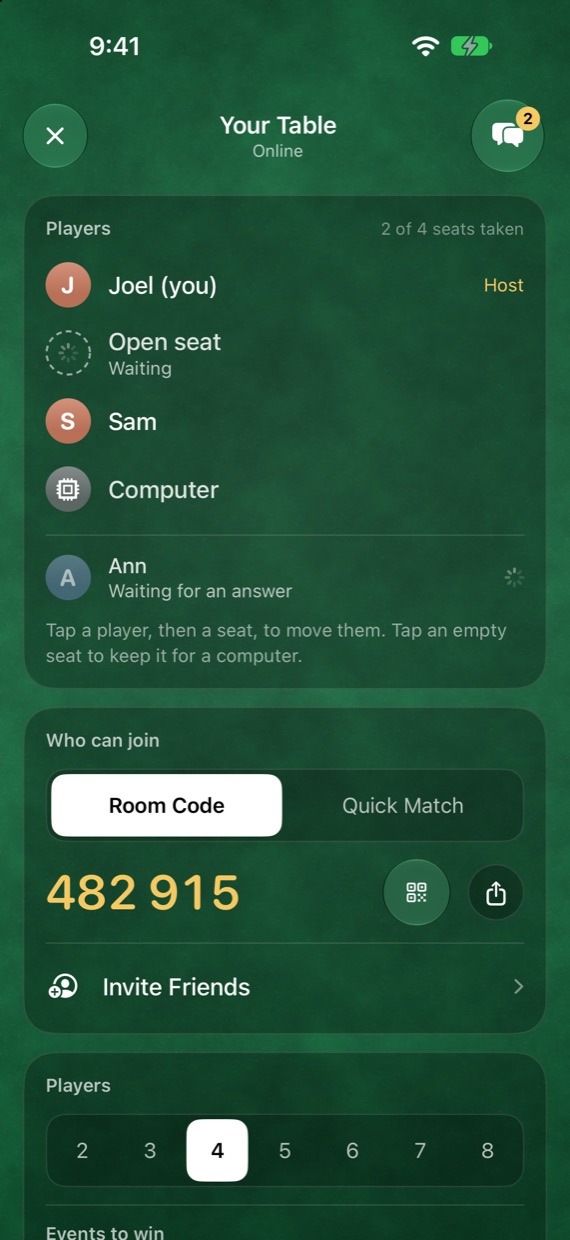 An online table with its six-digit room code, the players, and how many events it takes to win.