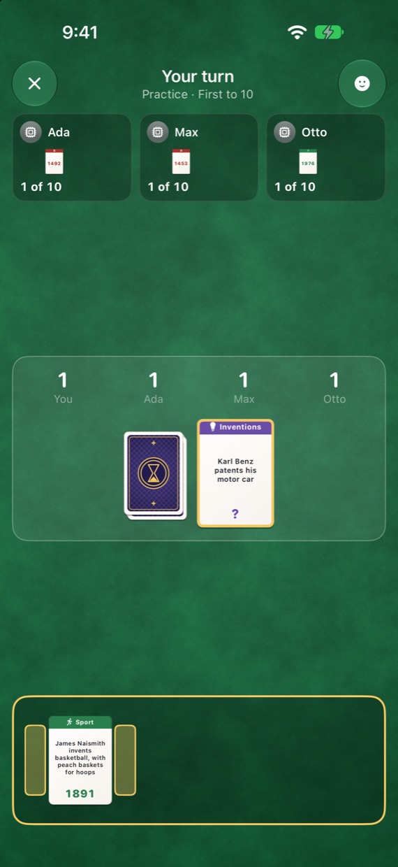 Your turn: the event to place in the middle, its year hidden, and your timeline along the bottom with its gaps lit.